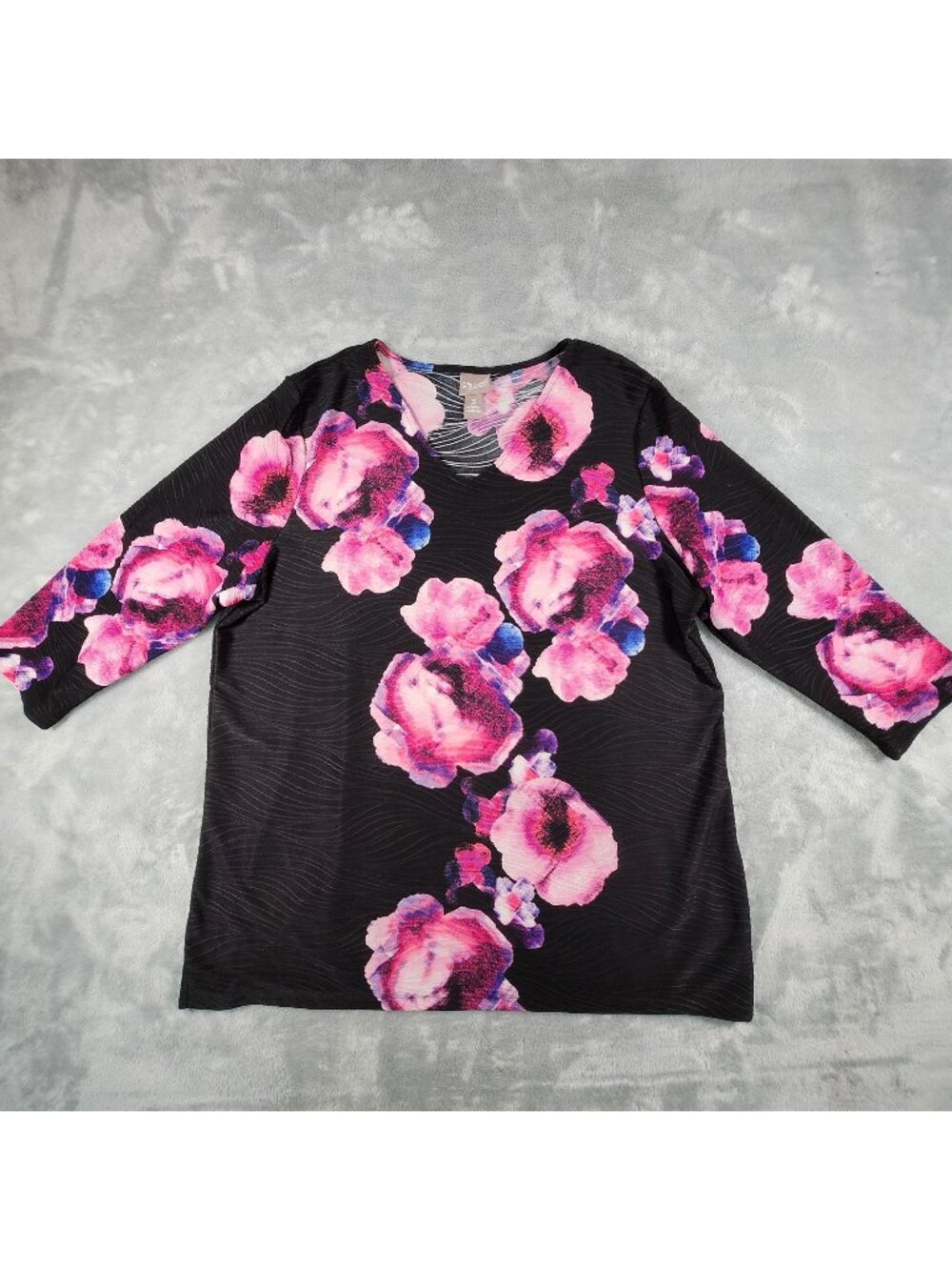 Chicos Liquid Knit Top 3 Floral Embroidered 3/4 Sleeve Modest Office Resort Chic